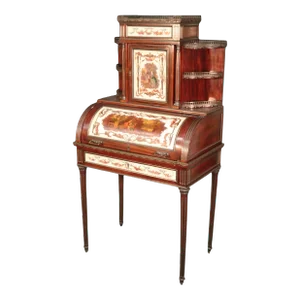 French Brass Inlaid Paint Decorated Rolltop Ladies Writing Desk