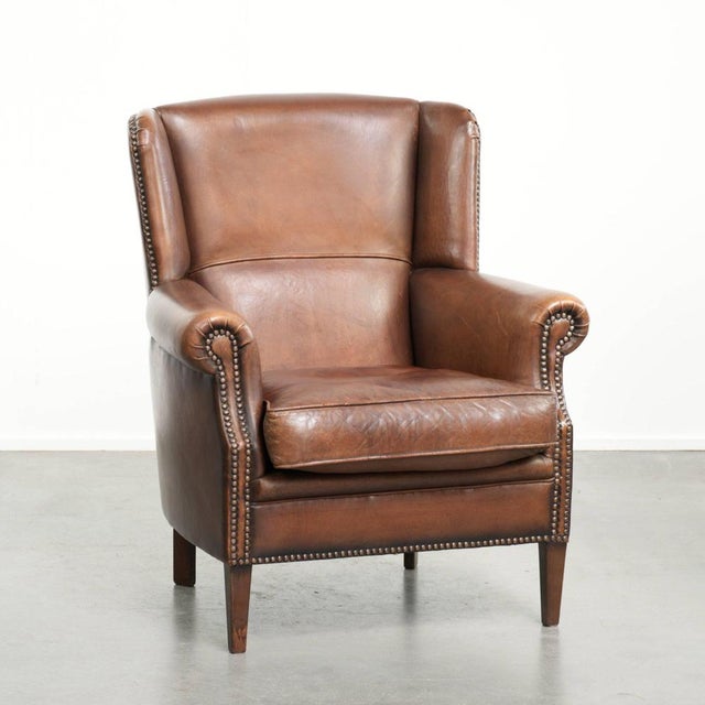 Dark Brown Sheepskin Wingback Lounge Chair For Sale - Image 14 of 14