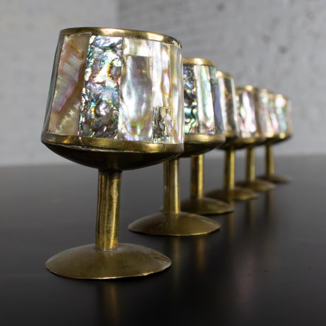 Mid-20th Century MCM 6 Cordial Stemmed Shots and Tray Set Abalone and Brass From Taxco Mexico For Sale - Image 13 of 18