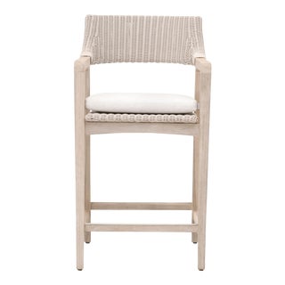 Lucia Teak Outdoor Counter Stool, Pure White Synthetic Wicker For Sale