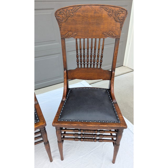 Late 19th Century Victorian Pressed Back Oak Dining Chairs Leather Seats Spindle Back For Sale - Image 10 of 18