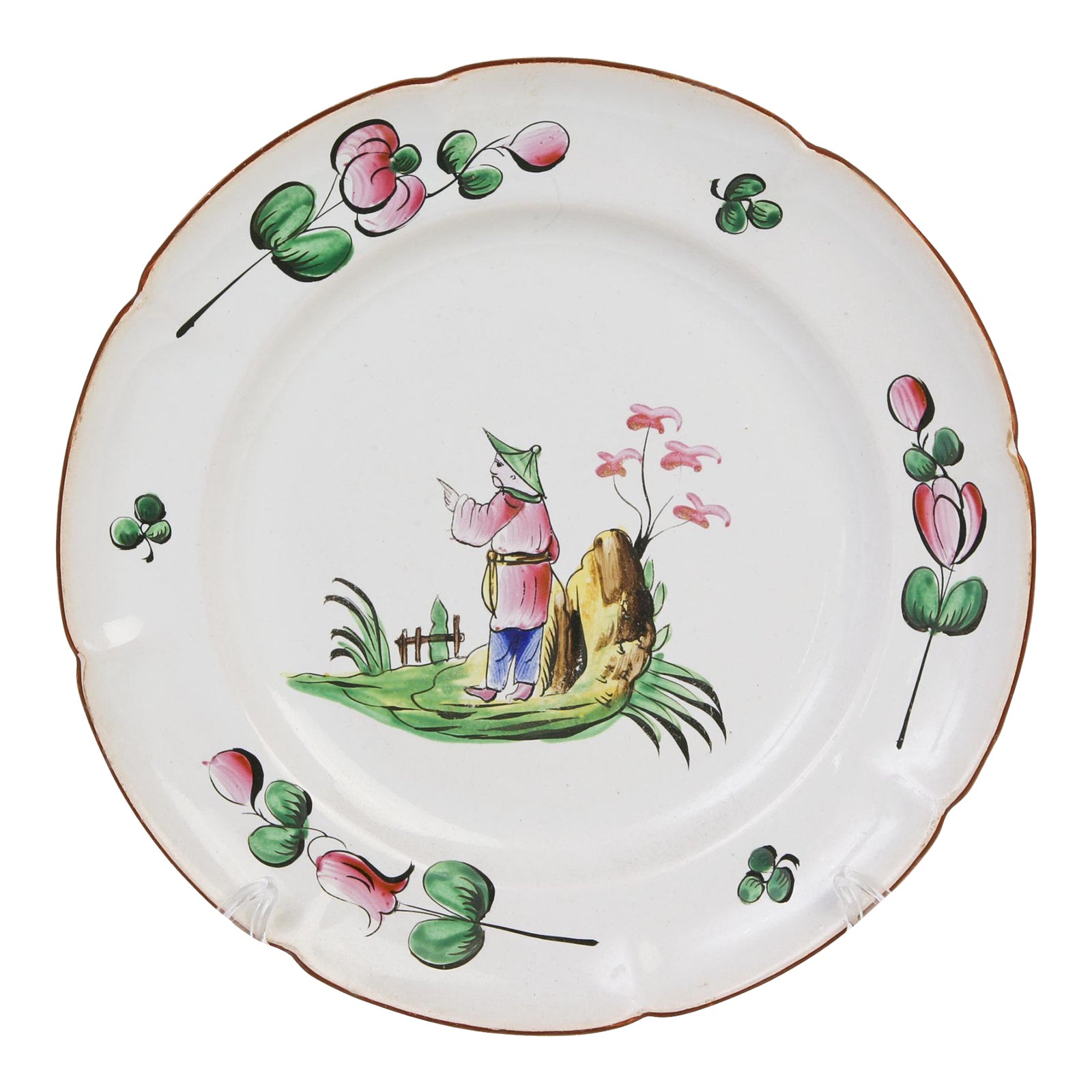 Plat faïence Saint-Clément fleurs coq polychrome antique french XIXème