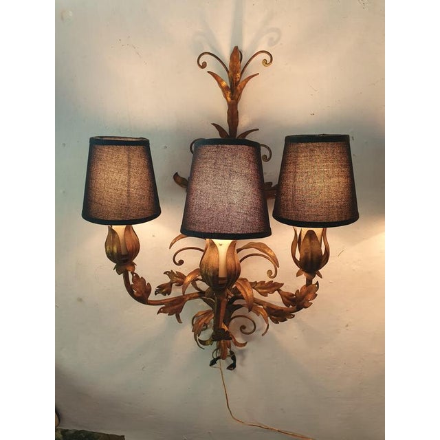 Mid-Century Venetian Tole Wall Sconces with Gilded Leaves, 1950s, Set of 2 For Sale - Image 4 of 11