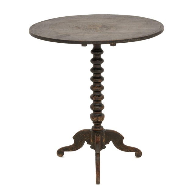 American Folk Art Floral Paint-Deocrated Tripod Table, the circular top on bobbin support atop three carved wood legs....