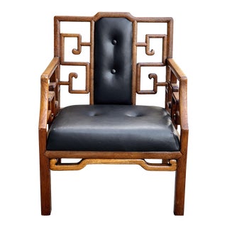 Vintage Chinese Chippendale Rosewood Carved Button Tuft Club Chair For Sale