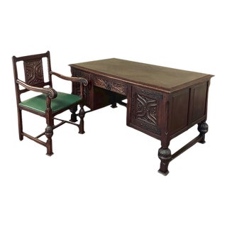 Antique French Gothic Partner's Desk and Armchair Set For Sale