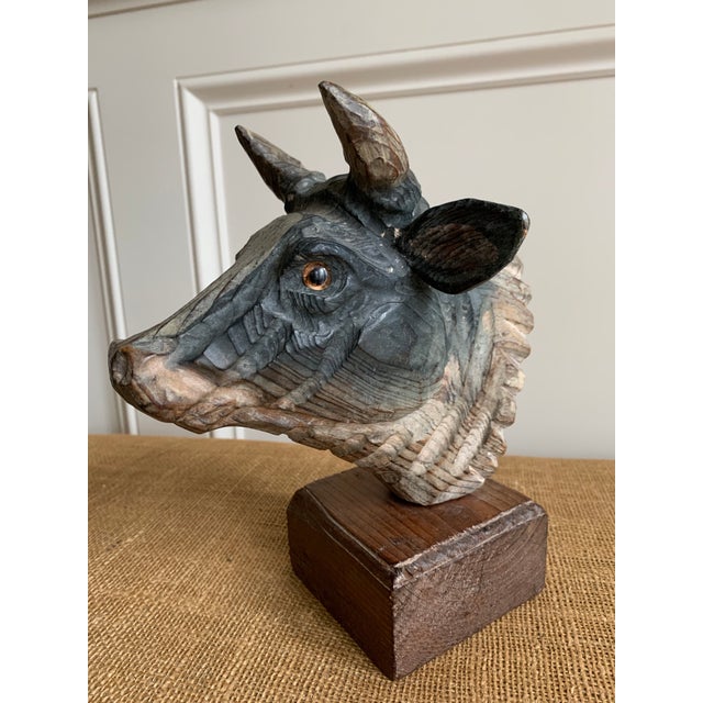 Folk Art Hand Carved and Painted Wood Cow Head Sculpture Chairish