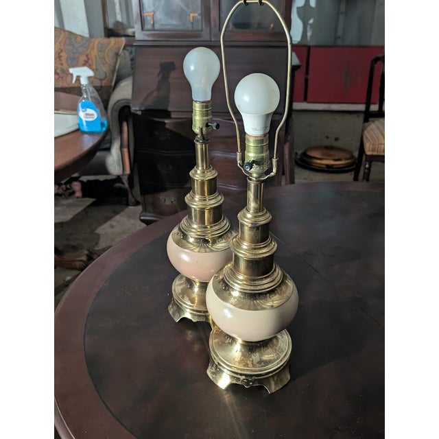 Mid 20th Century Brass & Cream Ostrich Egg Table Lamps - a Pair For Sale In Washington DC - Image 6 of 7