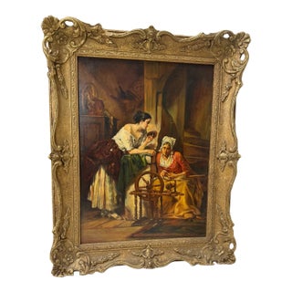 Vintage Original Realism Lady Woman Yarn Sewing Figural Oil Painting on Wood For Sale