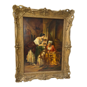 Vintage Original Realism Lady Woman Yarn Sewing Figural Oil Painting on Wood