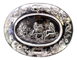 Relief Silver Wall Tray with Scene of Knights in Combat, Reliefs, Monogram Plaque and Wavy Edge