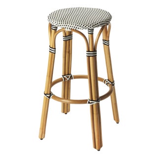 Tobias 30 in. Seat Height Round Rattan Backless Bar Stool, White/Black Dot/ Natural Rattan Frame For Sale