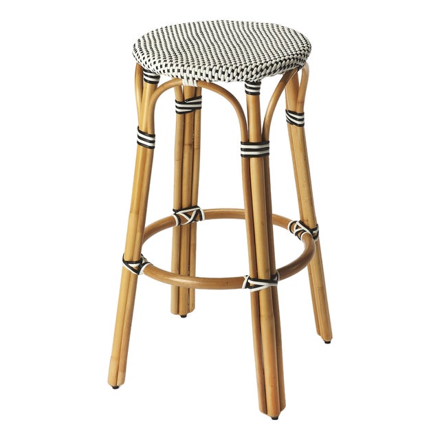 Tobias 30 in. Seat Height Round Rattan Backless Bar Stool, White/Black Dot/ Natural Rattan Frame For Sale