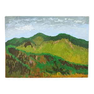 1970s Vintage Green Mountain Landscape – Mid-Century Modern Oil Painting on Board