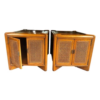 Pair of Vintage Wooden Mid-Century End Tables With Caned Accents and Deep Storage For Sale