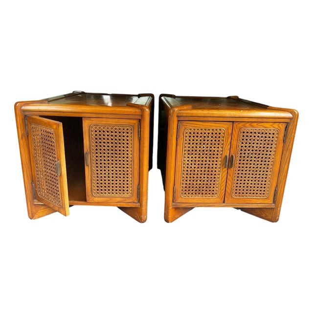 Pair of Vintage Wooden Mid-Century End Tables With Caned Accents and Deep Storage For Sale