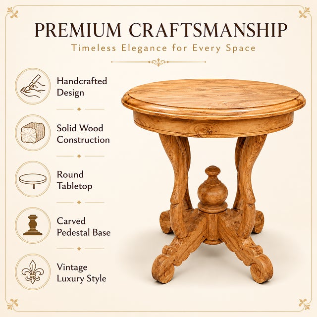 Solid Wood Carved Round Side Table, Handcrafted Vintage Accent Lamp Table For Sale - Image 4 of 10