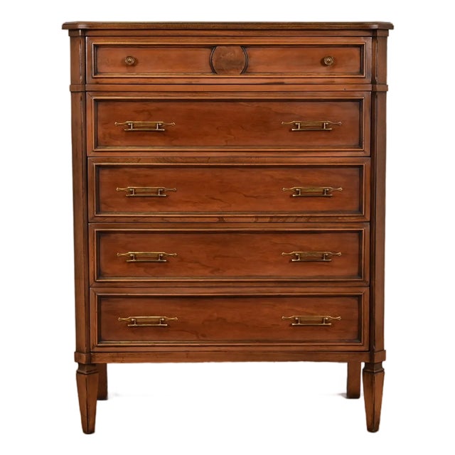 Kent Coffey French Regency Louis XVI Carved Cherry and Burl Wood Highboy Dresser, Circa 1960s For Sale