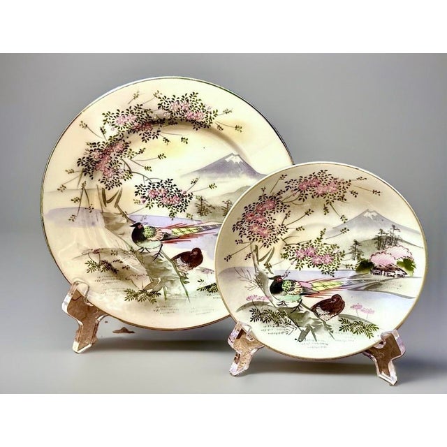 Antique Kutani Hand-Painted Plates With Pheasants and Mt. Fuji Landscape - Set of 5 For Sale - Image 9 of 9