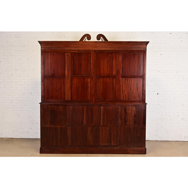 Baker Furniture Style English Georgian Carved Mahogany Breakfront Bookcase Cabinet With Drop Front Secretary Desk For Sale - Image 12 of 13
