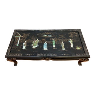 Mid Century Modern Black Lacquer Chinoiserie Coffee Table With Mother of Pearl Inlays For Sale