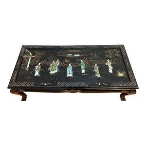 Mid Century Modern Black Lacquer Chinoiserie Coffee Table With Mother of Pearl Inlays
