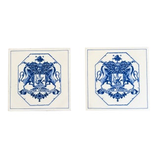 Dutch Delft Blue and White Porcelain Tiles With Heraldic Coat of Arms, Pair For Sale