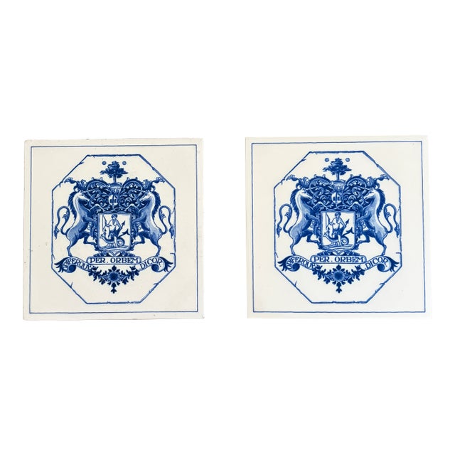 Dutch Delft Blue and White Porcelain Tiles With Heraldic Coat of Arms, Pair For Sale
