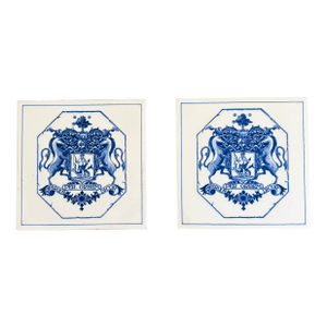 Dutch Delft Blue and White Porcelain Tiles With Heraldic Coat of Arms, Pair