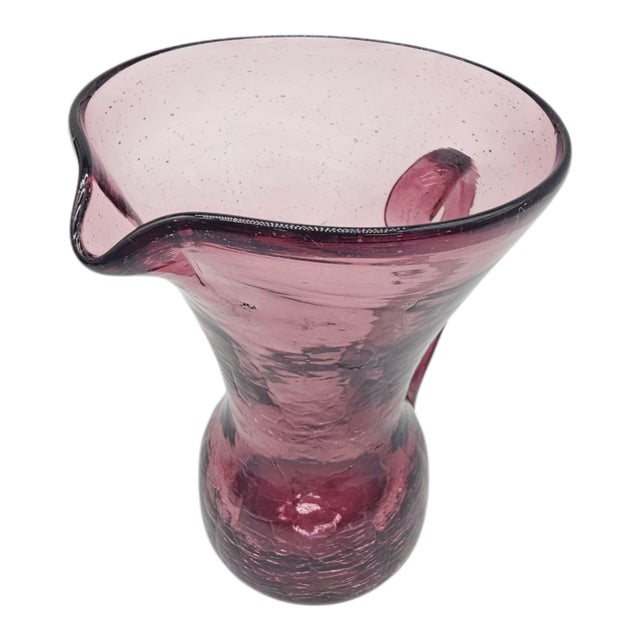 Traditional Vintage Amethyst Crackle Glass Pitcher – Hand Blown Heritage Style Jug in Mid-Century Hue For Sale - Image 3 of 7