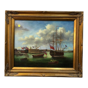 British Fleet of Ships on Water Original Signed Oil on Canvas