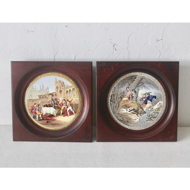Vintage Kirkhams Ltd. English Ceramic Plates Harwood Frames Bull Fight, the Boar Hunt Mid-Century- a Pair For Sale - Image 4 of 8