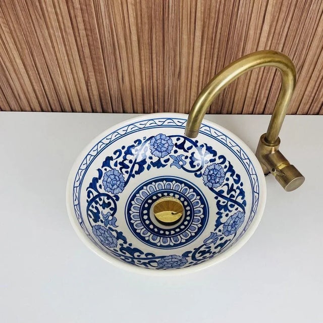 Flower Ceramic Handmade Moroccan Blue Design Sink for Bathroom For Sale - Image 4 of 7