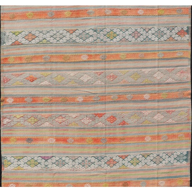 Mid 20th Century Colorful Vintage Turkish Embroidered Kilim With Stripe's and Geometric Motifs For Sale - Image 5 of 10