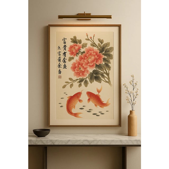 “Fu Gui You Yu富贵有余）” Peonies & Koi Original Chinese Ink & Color on Xuan Paper (Unframed, Signed) For Sale - Image 17 of 18