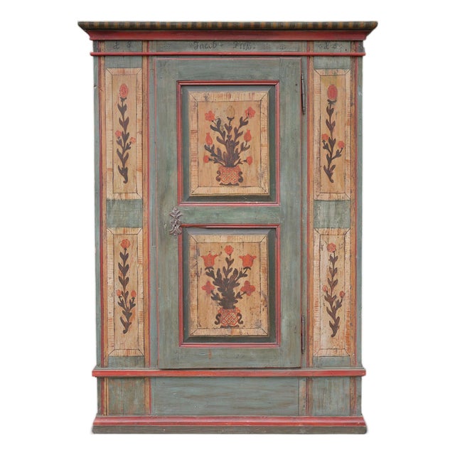 Alpine Blue Floral Painted Cupboard For Sale