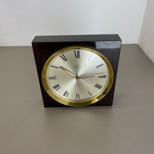 Modernist Wood and Brass Table or Wall Clock from Junghans, Germany, 1970s For Sale - Image 4 of 18