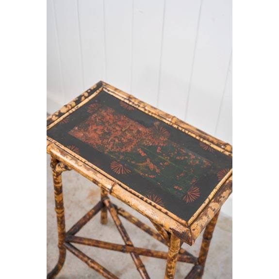 19th Century Rectangular Bamboo Side Table With Lacquered Top and Stretcher Base For Sale - Image 4 of 5