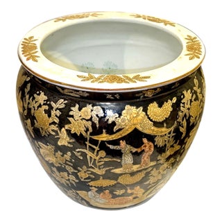 Mid 20th Century Black and Gold Chinese Fishbowl Planter - 12" Wide For Sale