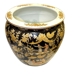 Mid 20th Century Black and Gold Chinese Fishbowl Planter - 12" Wide