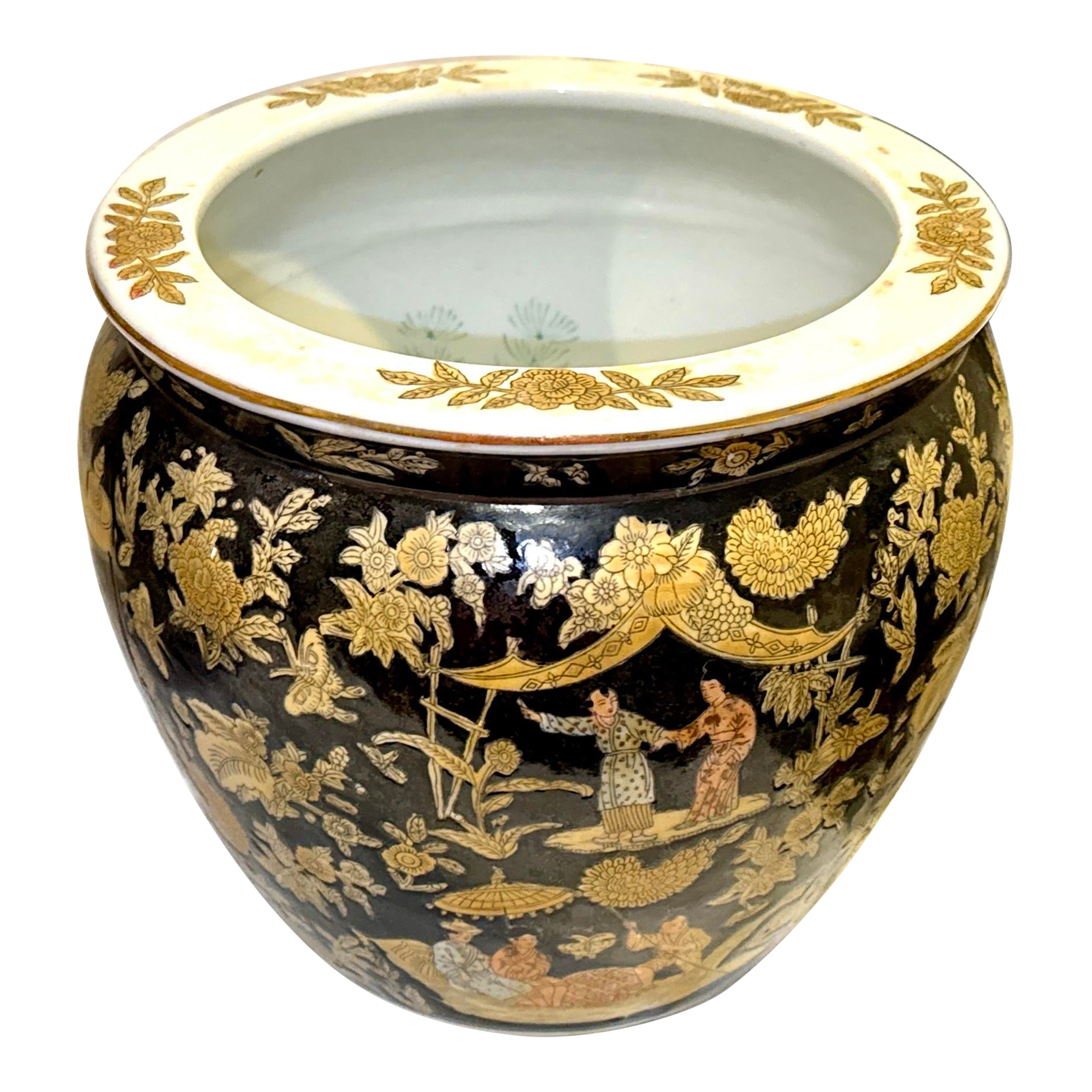 Mid 20th Century Hand Painted Black and Gold Chinese Fishbowl Planter - 12"  Wide