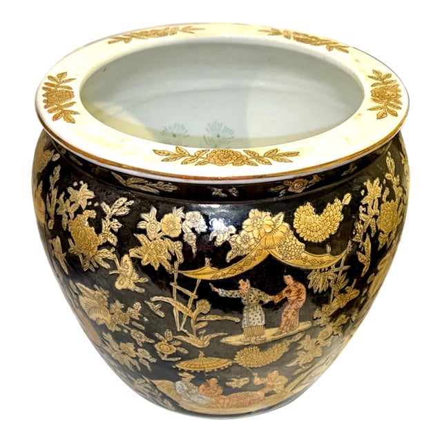 Mid 20th Century Hand Painted Black and Gold Chinese Fishbowl Planter - 12" Wide For Sale