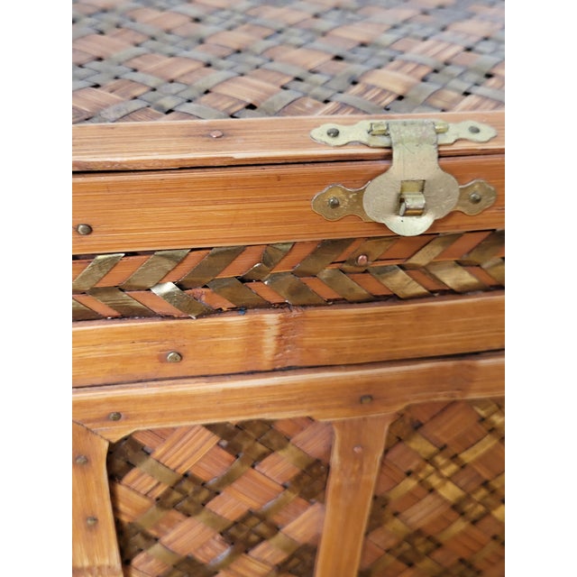 1980s Artisan Bamboo Brass Woven Storage Container For Sale - Image 4 of 12