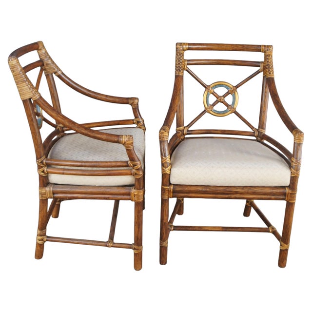 Eight Vintage Organic Modern McGuire Hollywood Regency / Chinese Chippendale style armchairs. Made of bamboo poles and...