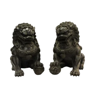 Chinese Distressed Brown Black Marble Like Fengshui Foo Dogs - a Pair