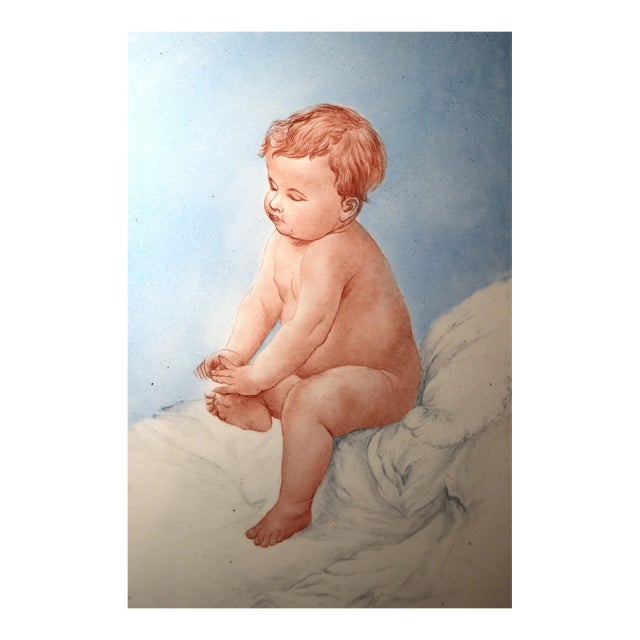 Antique 19th Century Hand Painted Porcelain Tile Nude Baby Painting Figural 1800 For Sale