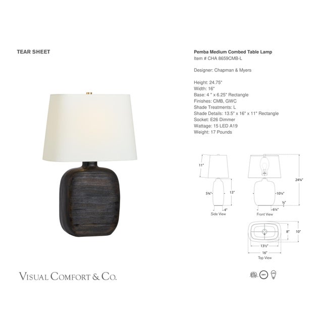 Chapman & Myers by Visual Comfort Signature Pemba Medium Combed Table Lamp in Chimney Black with Linen Shade Designer:...