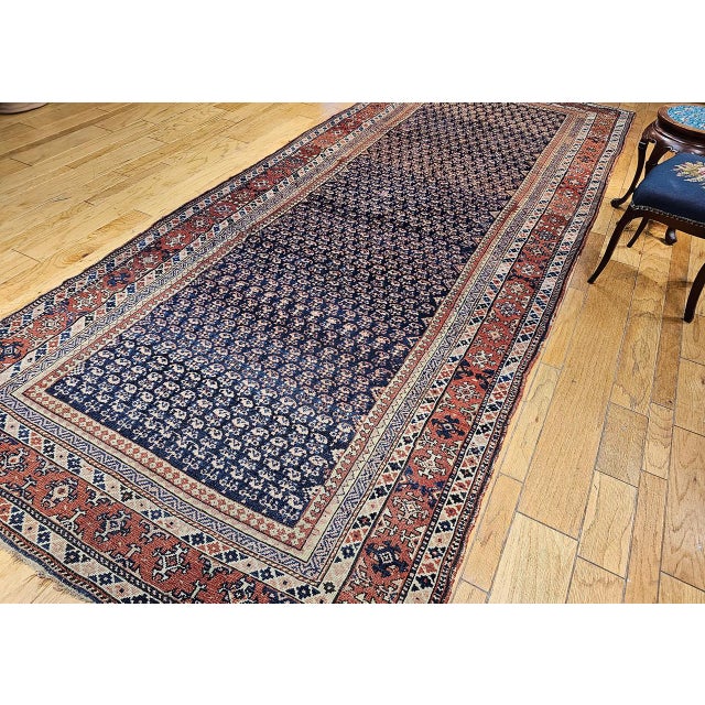 Navy Blue 19th Century Kurdish Gallery Rug, Hand-Knotted Wool, Allover Paisley Pattern, Navy & Terracotta, 6' X 15' For Sale - Image 8 of 18