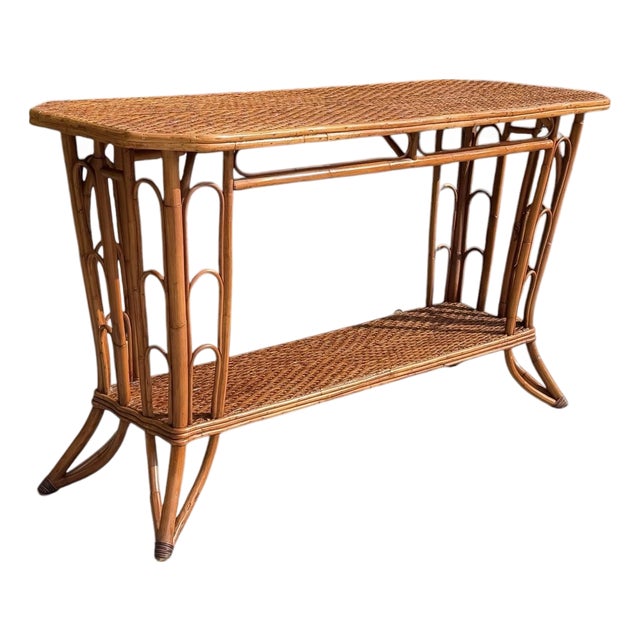 Vintage Palm Beach Handwoven Natural Rattan Console Table For Sale