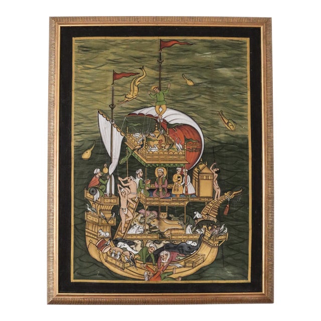 Original Hand-Painted Silk Art - Noah’s Ark Religious Illustration- Large Vintage Gold-Framed Maritime Scene For Sale